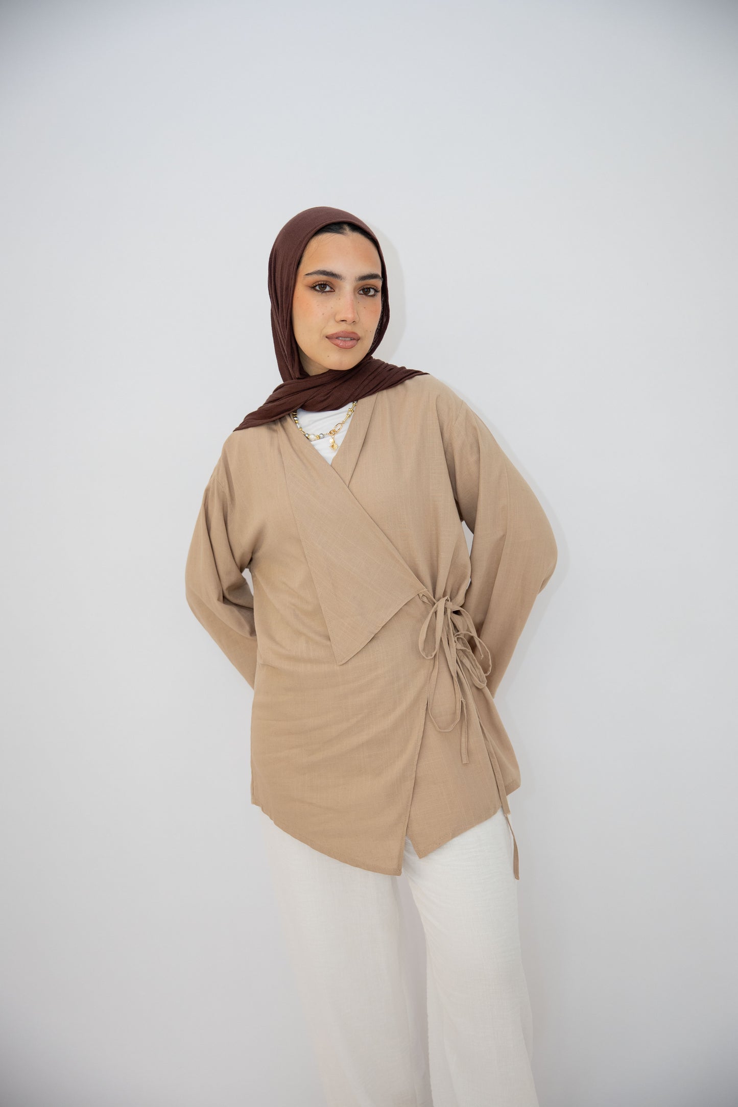 Side Tie Linen Top in Cafe