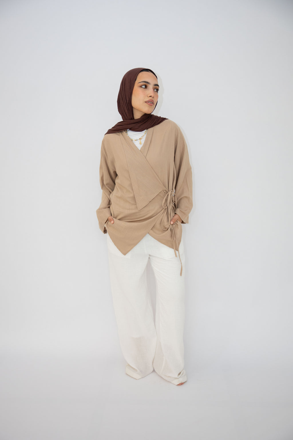 Side Tie Linen Top in Cafe