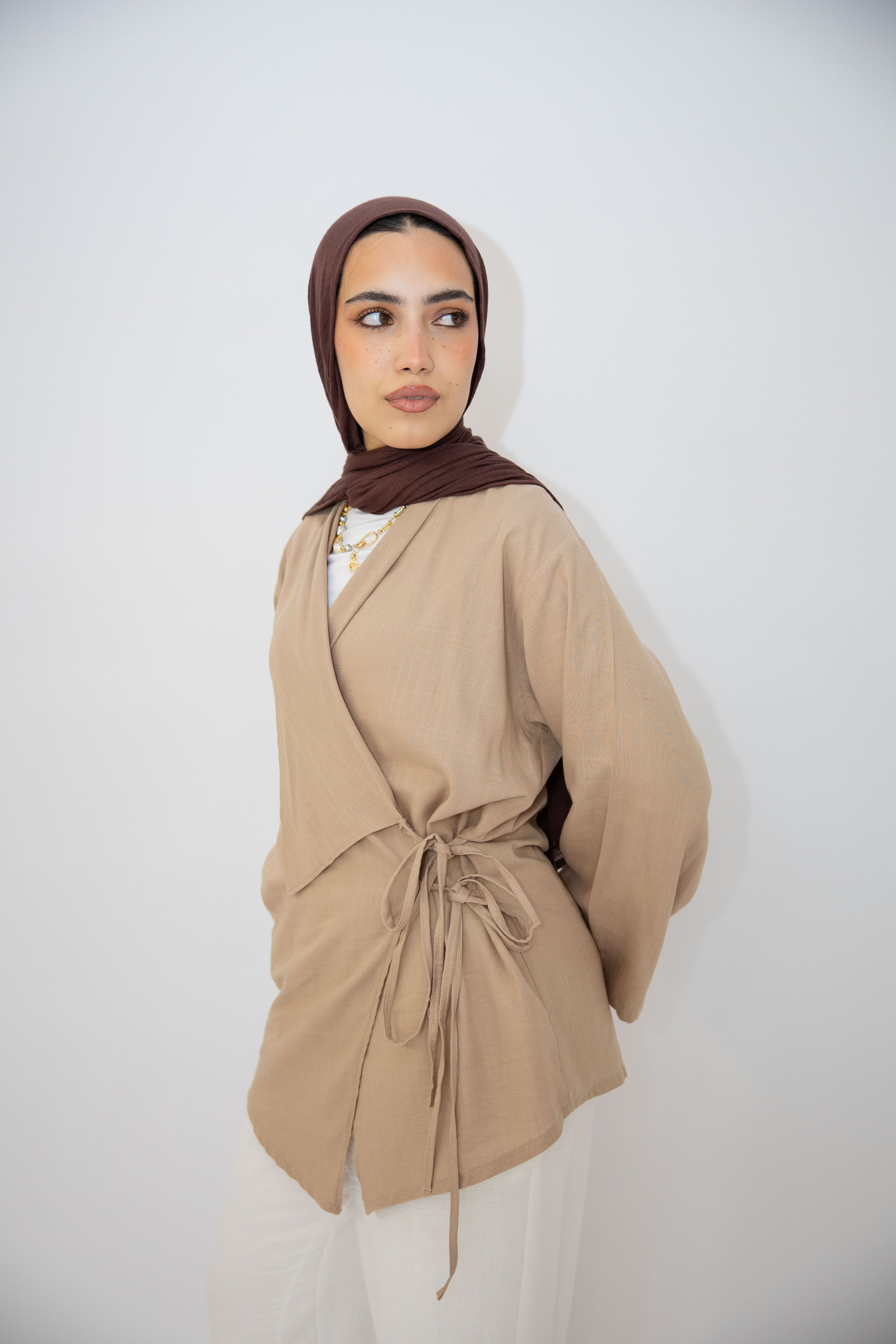 Side Tie Linen Top in Cafe