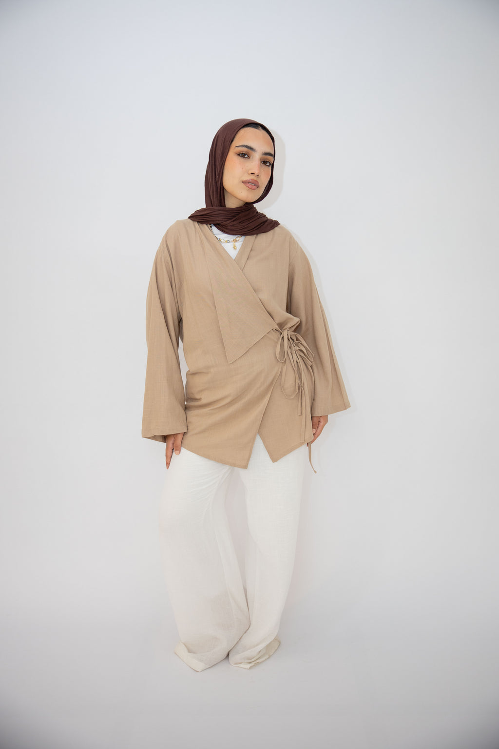 Side Tie Linen Top in Cafe