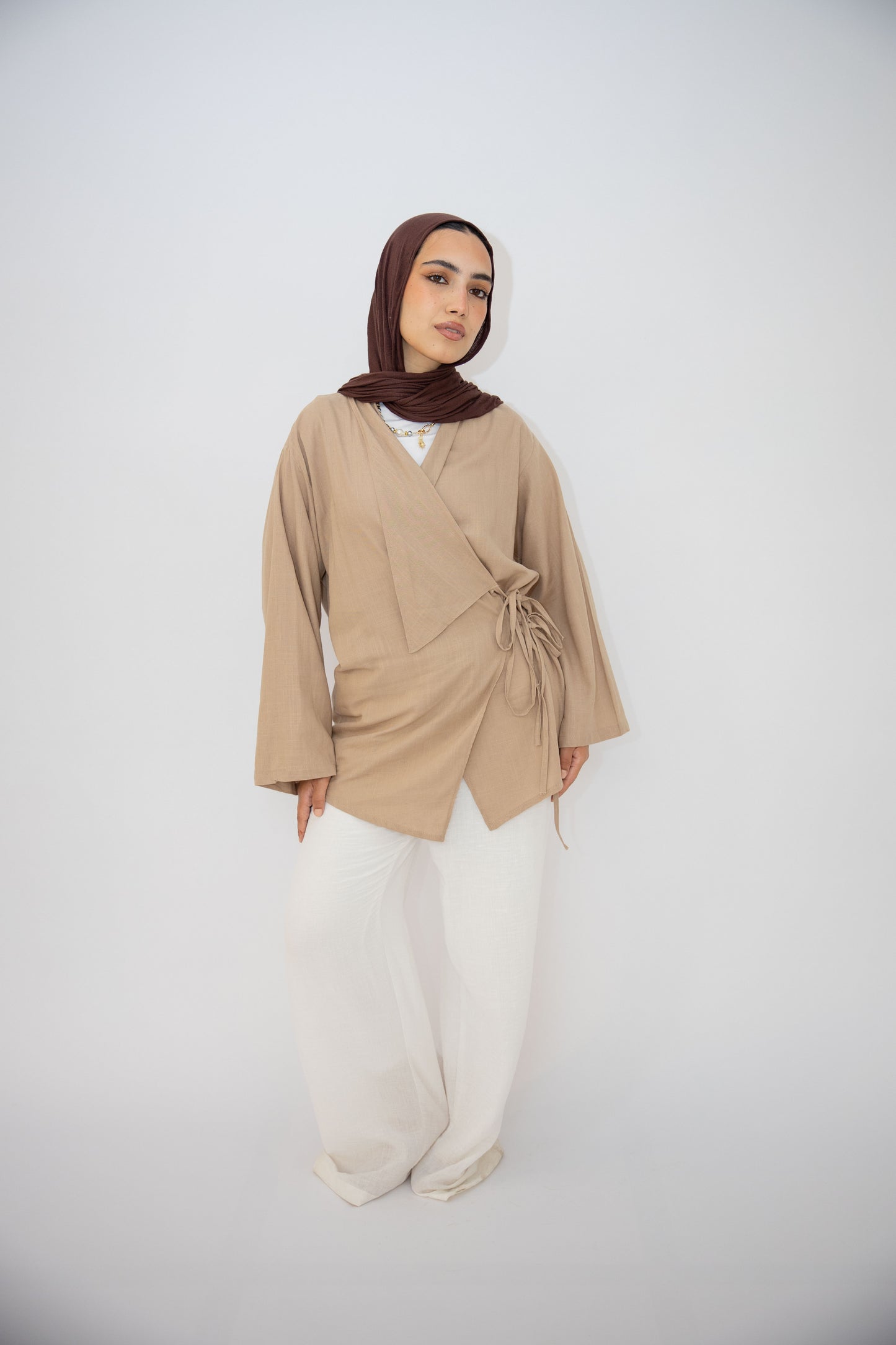 Side Tie Linen Top in Cafe