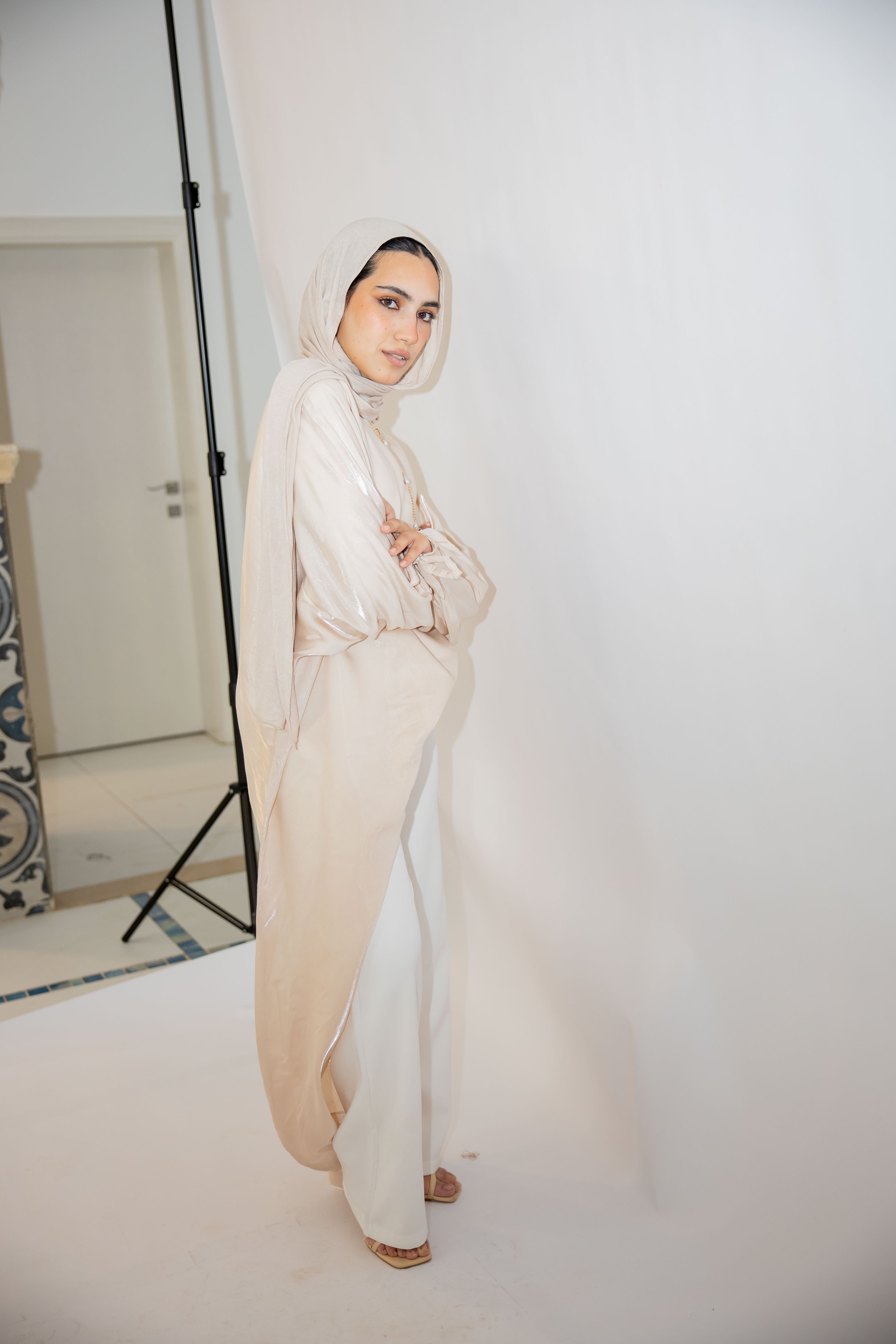 Asymmetrical Shimmer Top in Beige