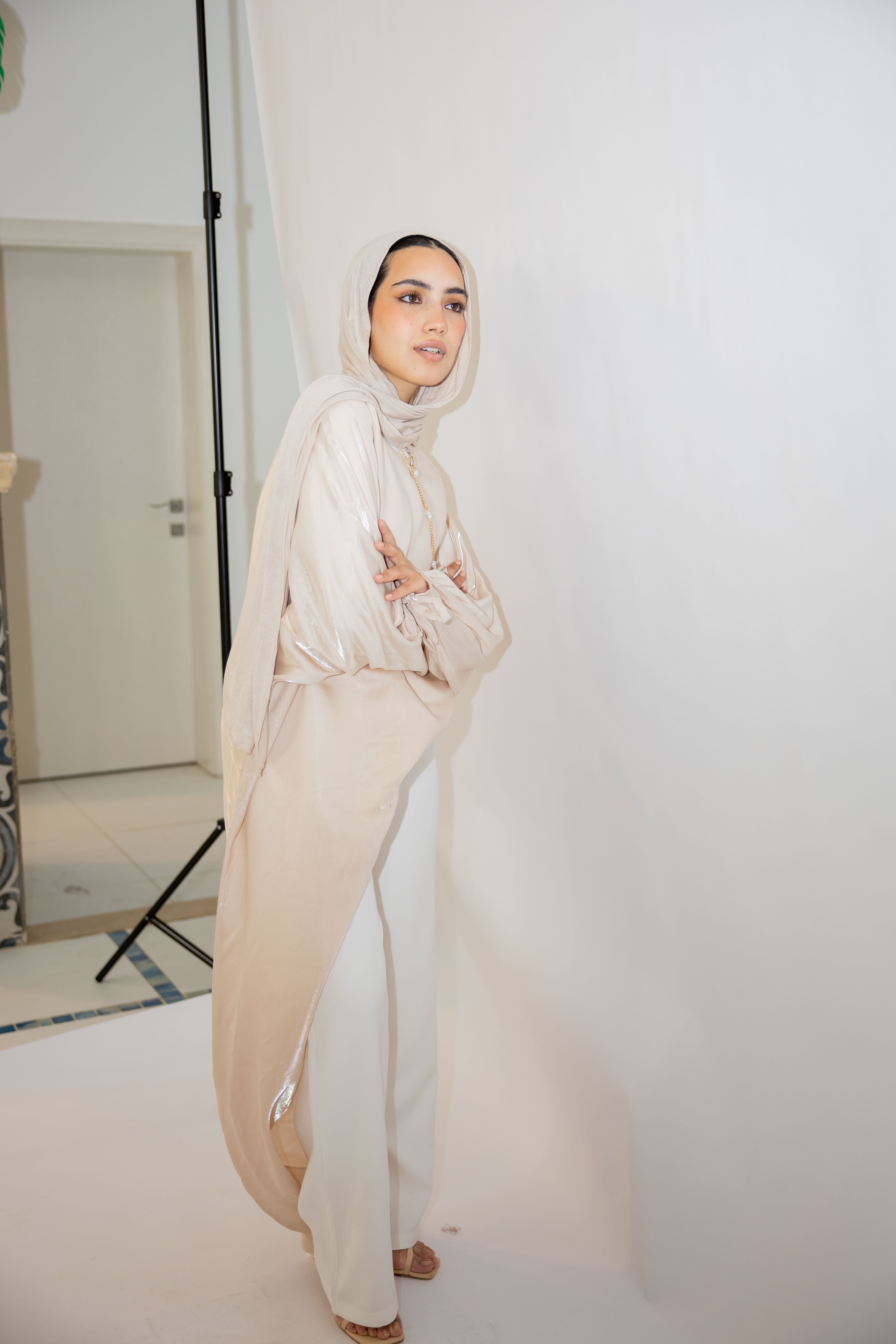 Asymmetrical Shimmer Top in Beige