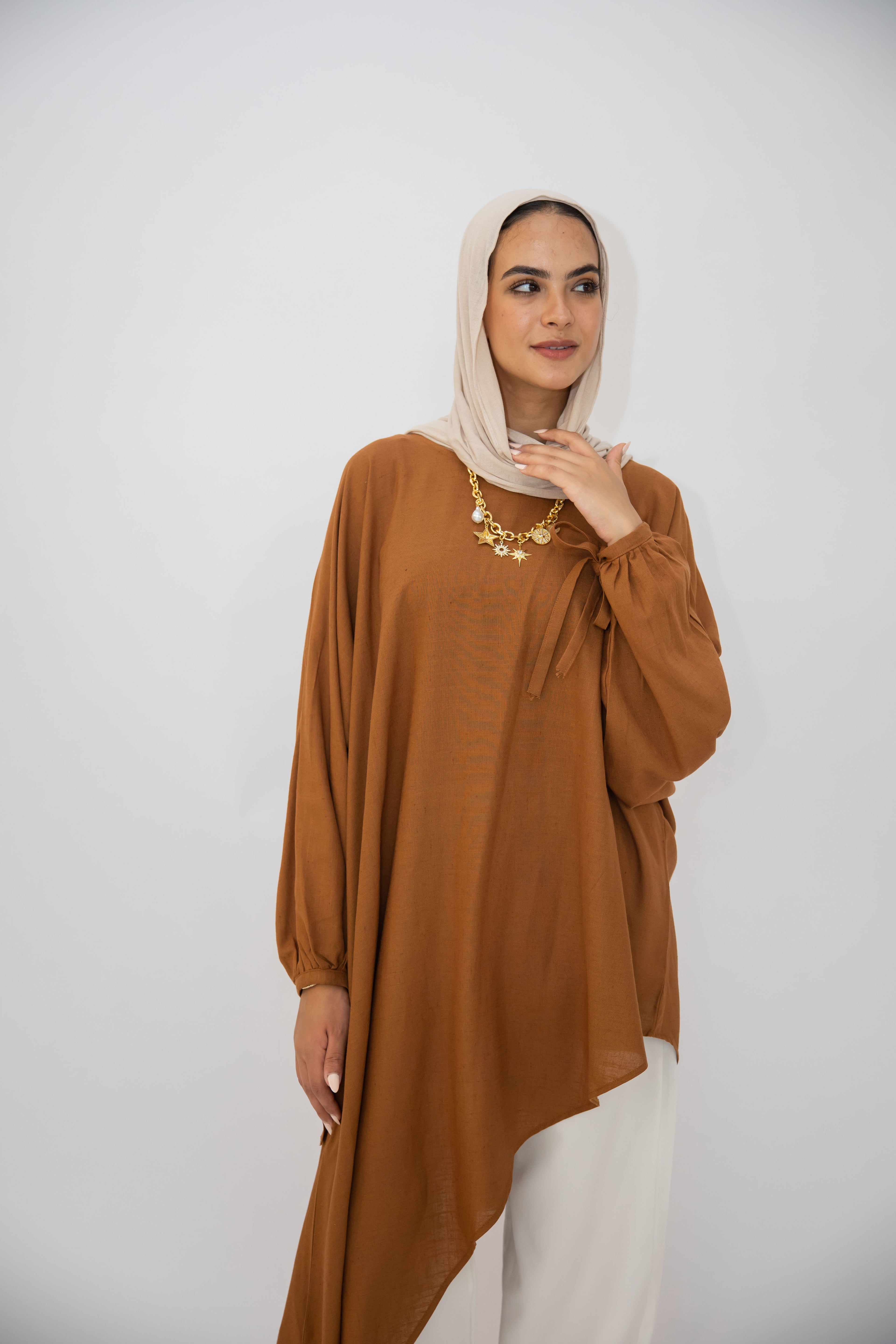 Asymmetric Linen Top in Brown