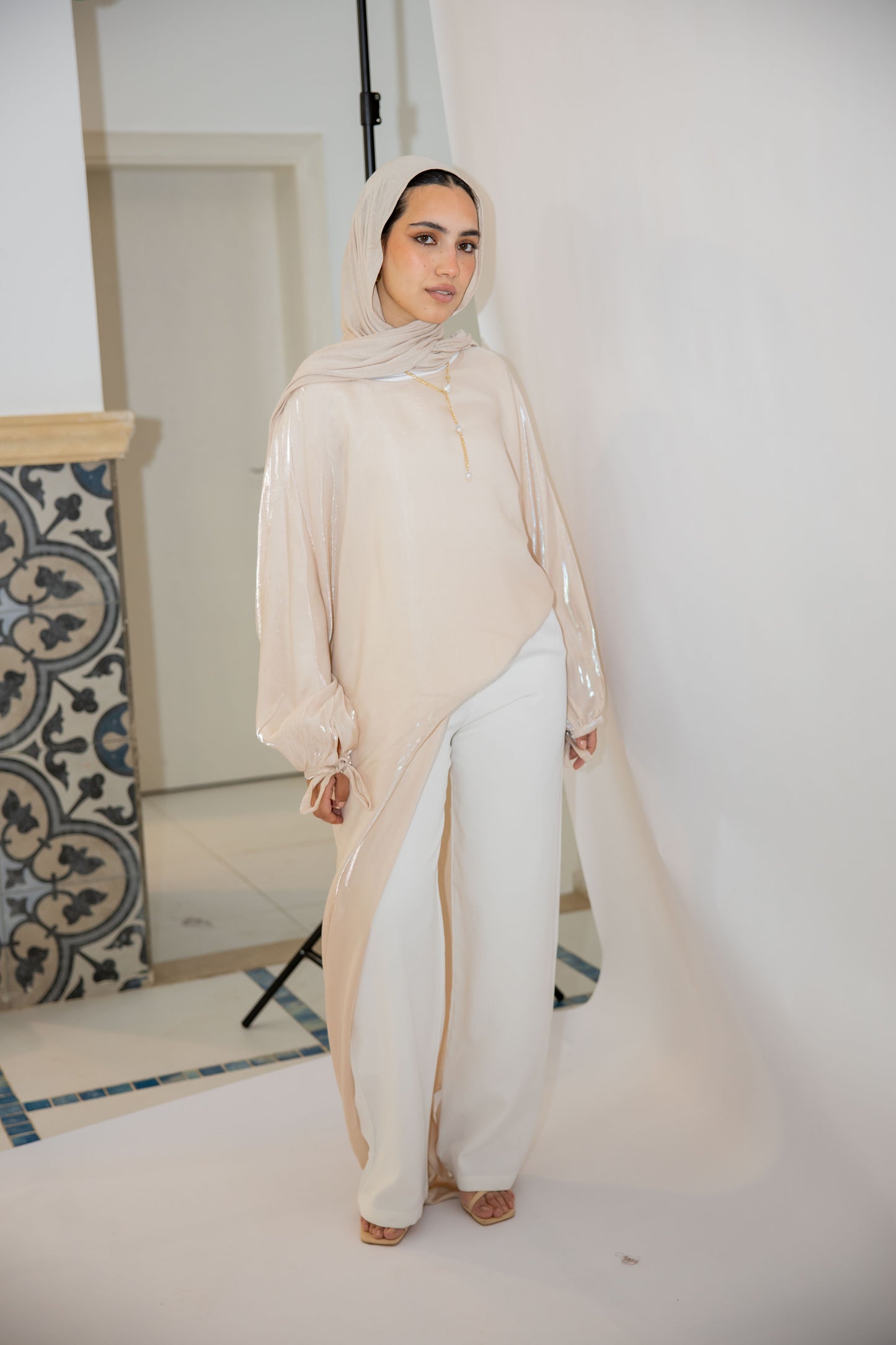 Asymmetrical Shimmer Top in Beige