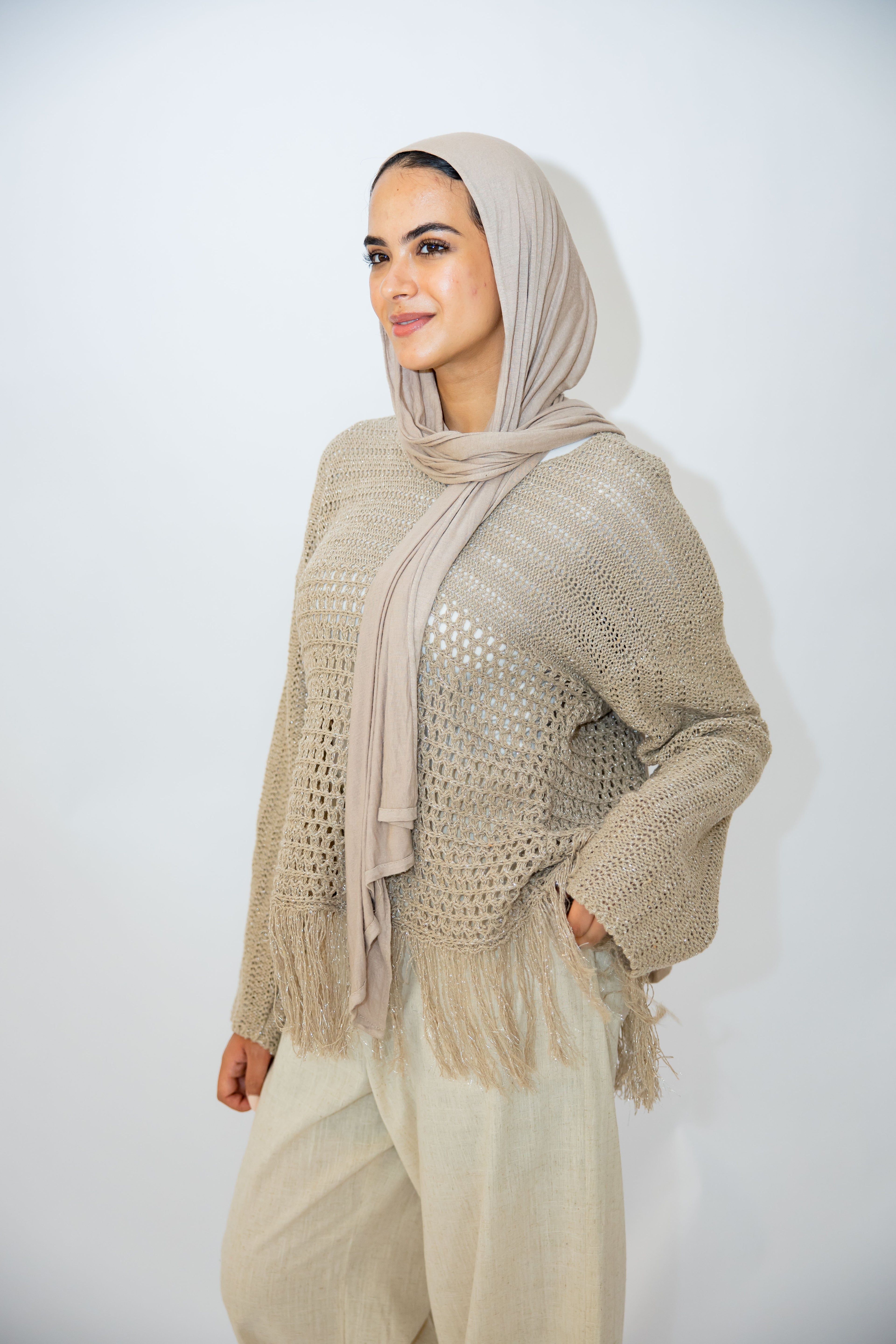 Sea threads crochet top in shimmer cafe