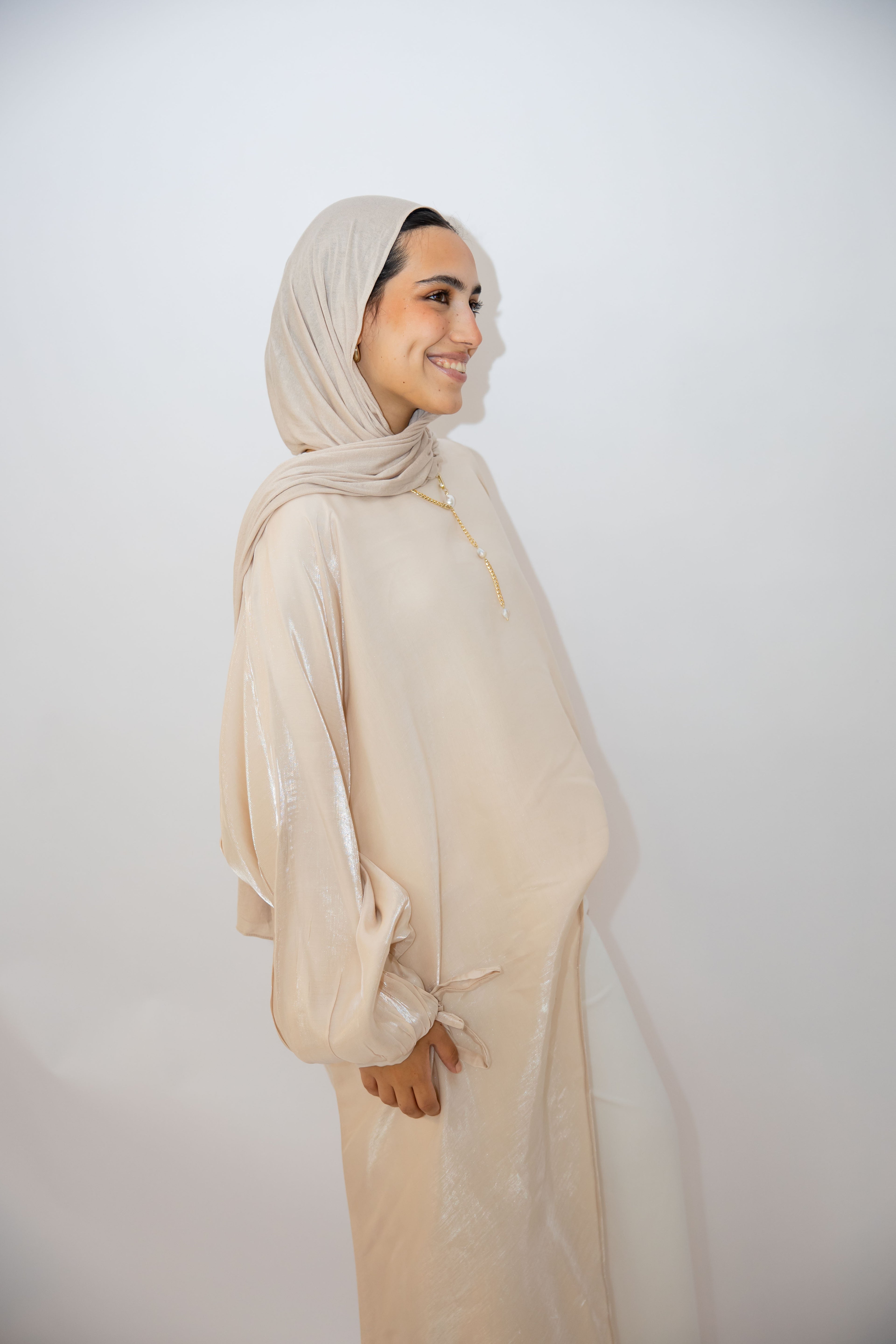Asymmetrical Shimmer Top in Beige