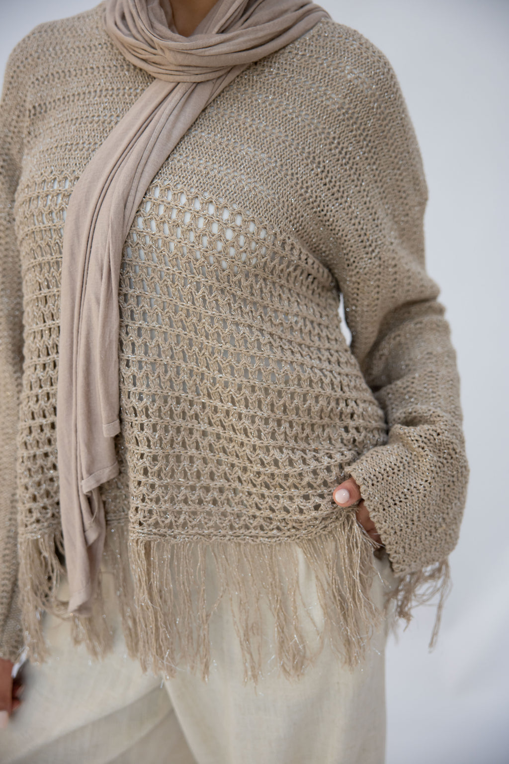 Sea threads crochet top in shimmer cafe