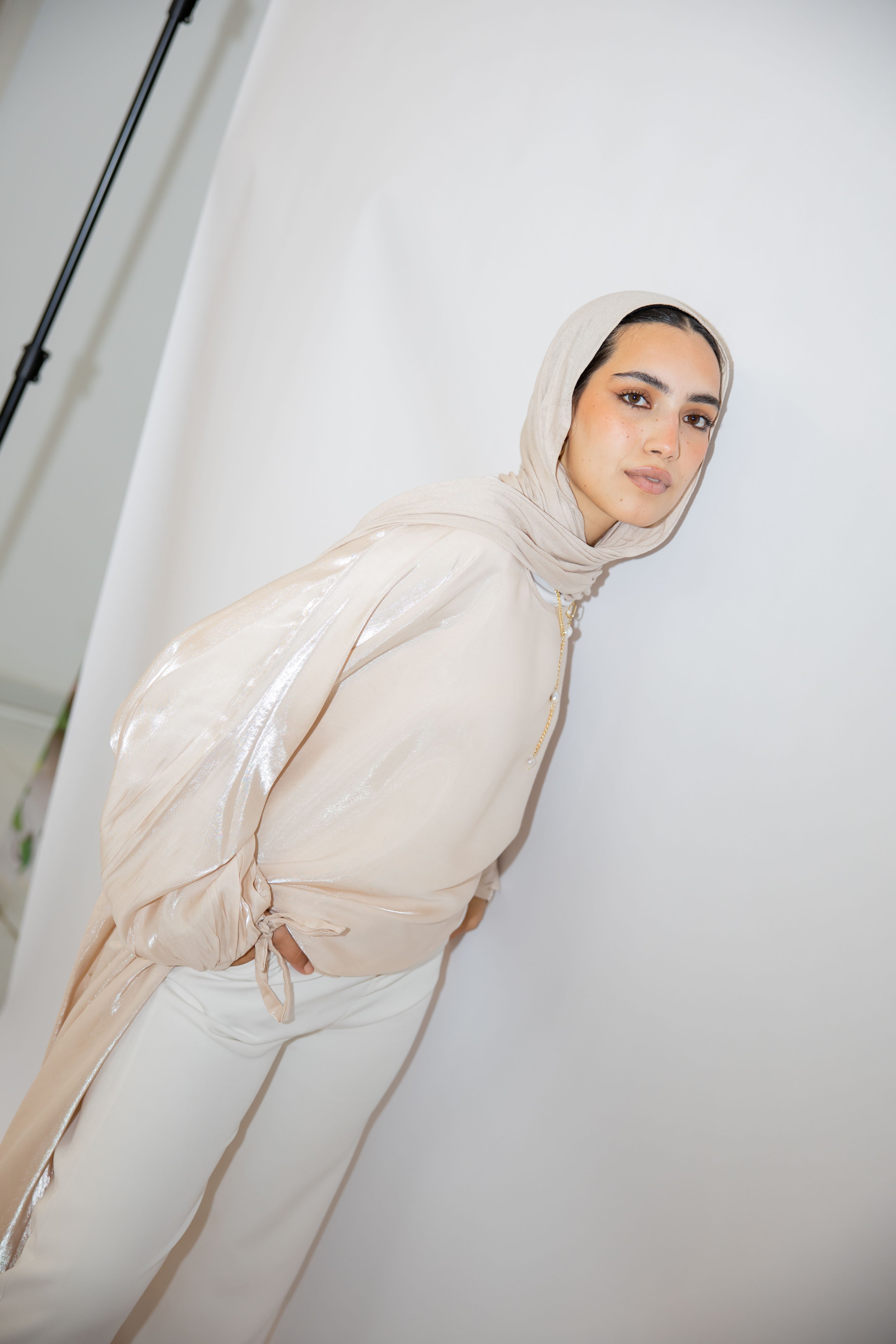Asymmetrical Shimmer Top in Beige
