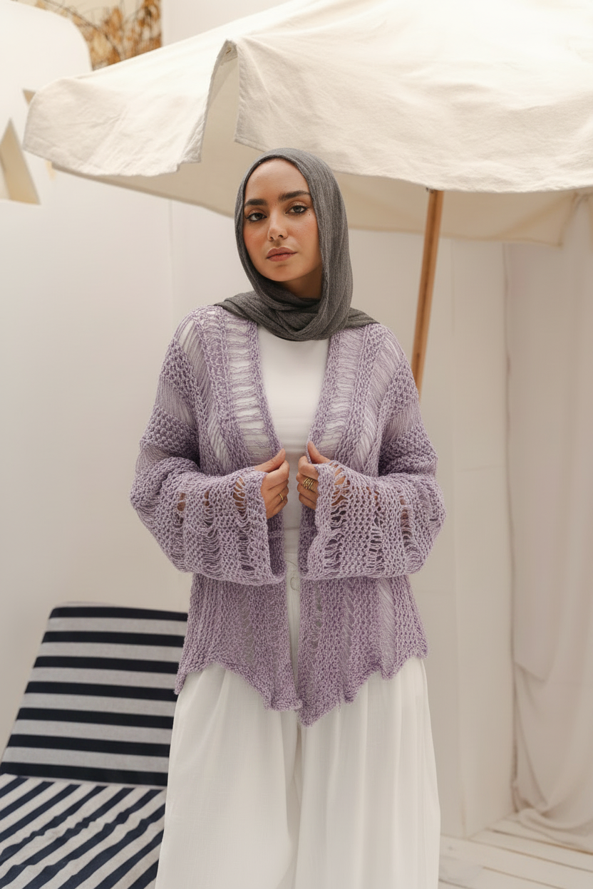 Coastal Crochet Cardigan in Light Purple