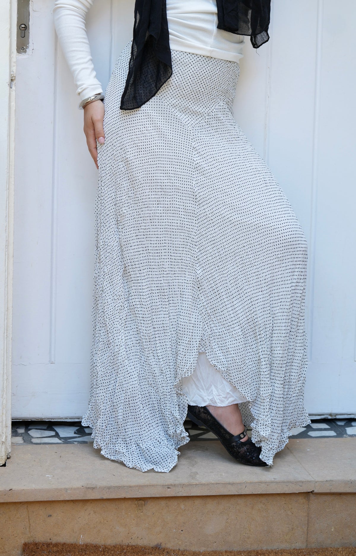 Lilia Crushed Skirt in Dotted Black x White