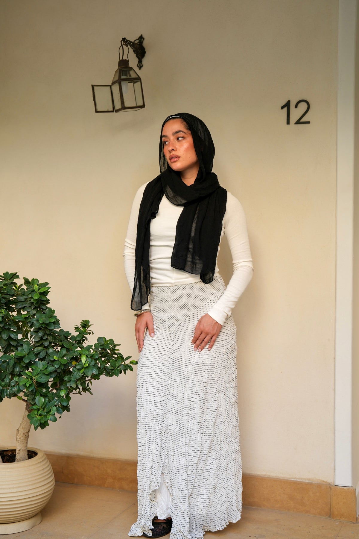 Lilia Crushed Skirt in Dotted Black x White