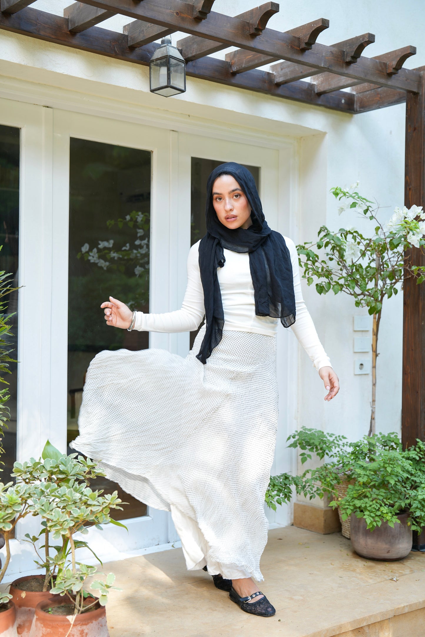 Lilia Crushed Skirt in Dotted Black x White