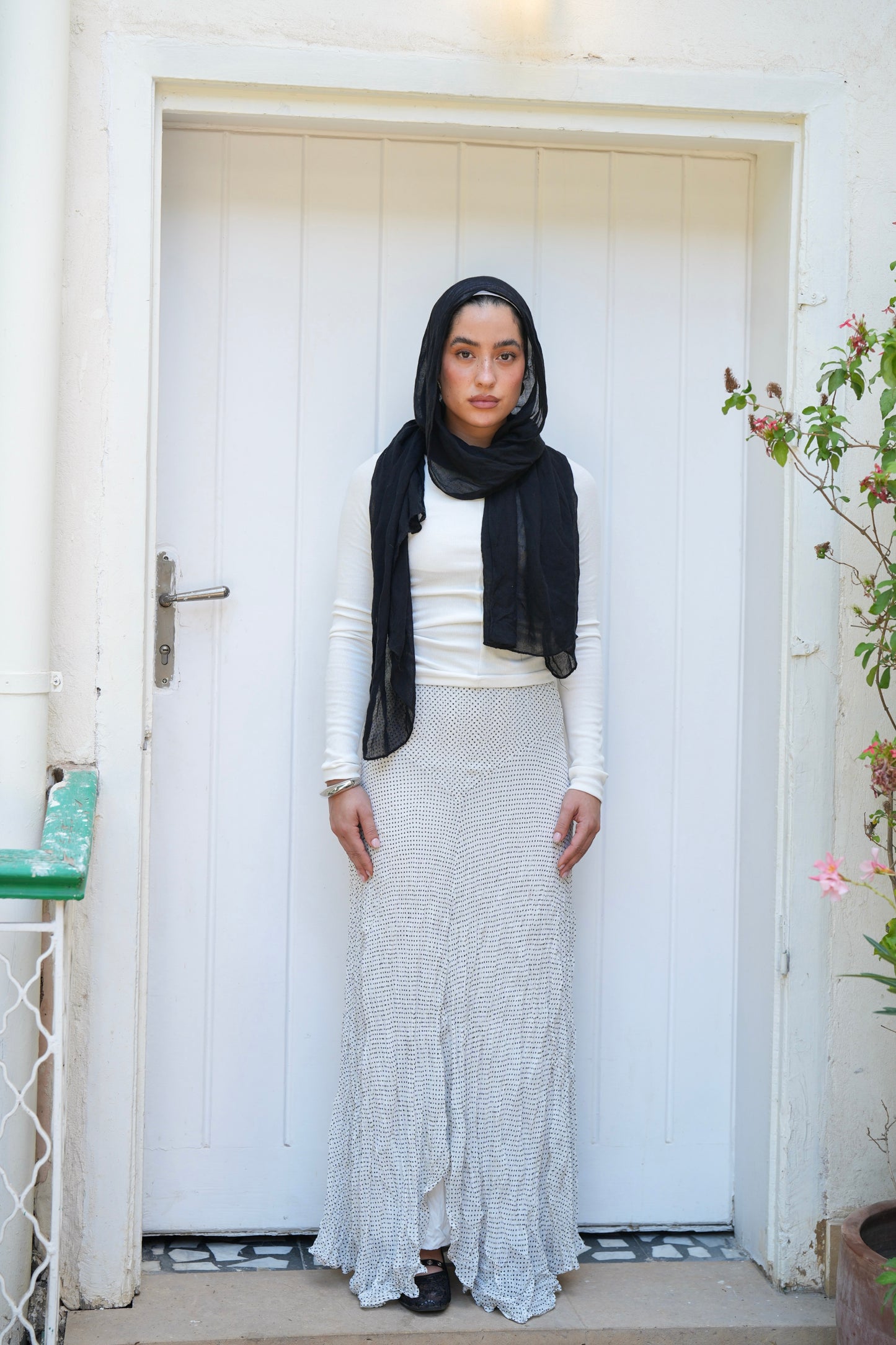 Lilia Crushed Skirt in Dotted Black x White