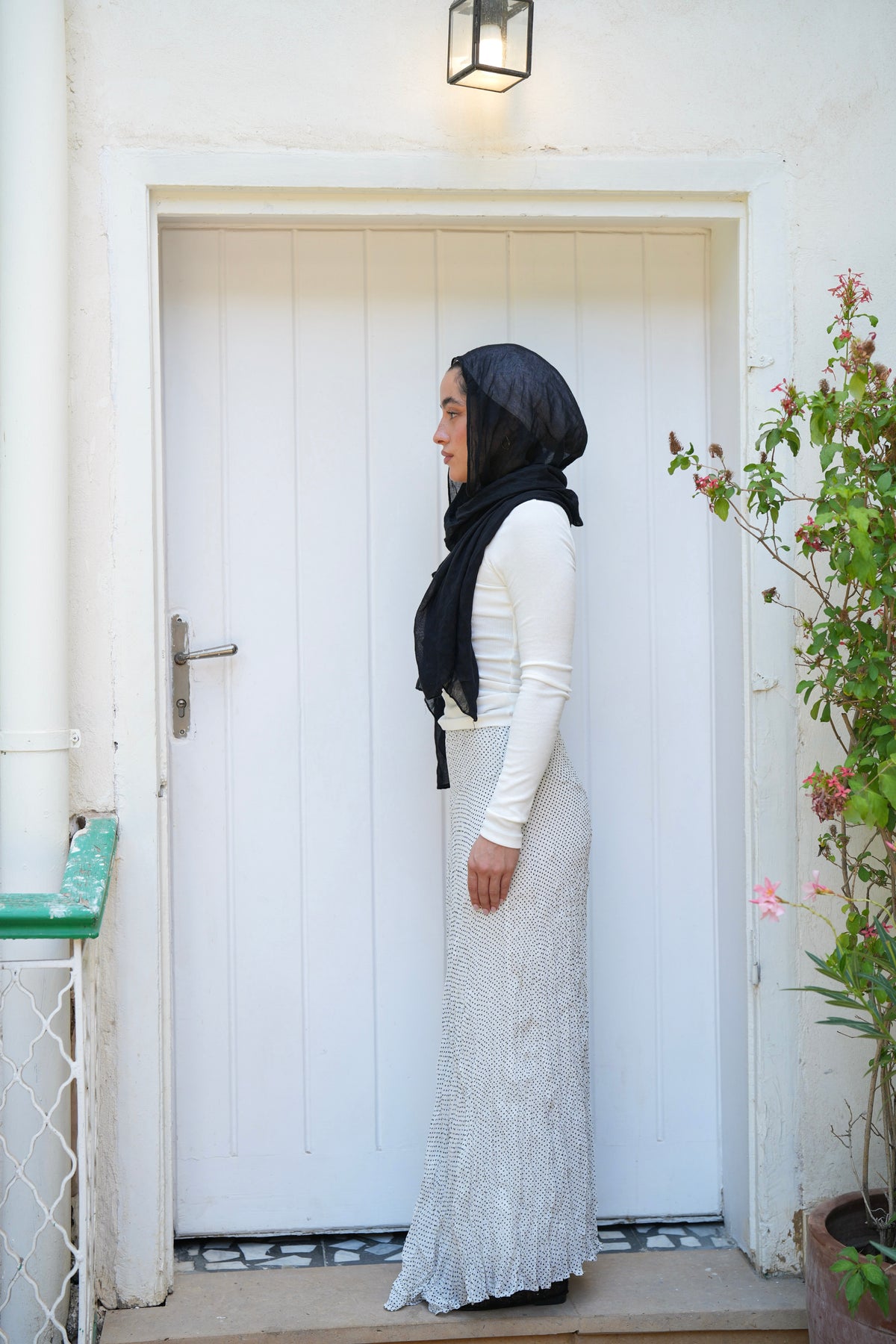 Lilia Crushed Skirt in Dotted Black x White
