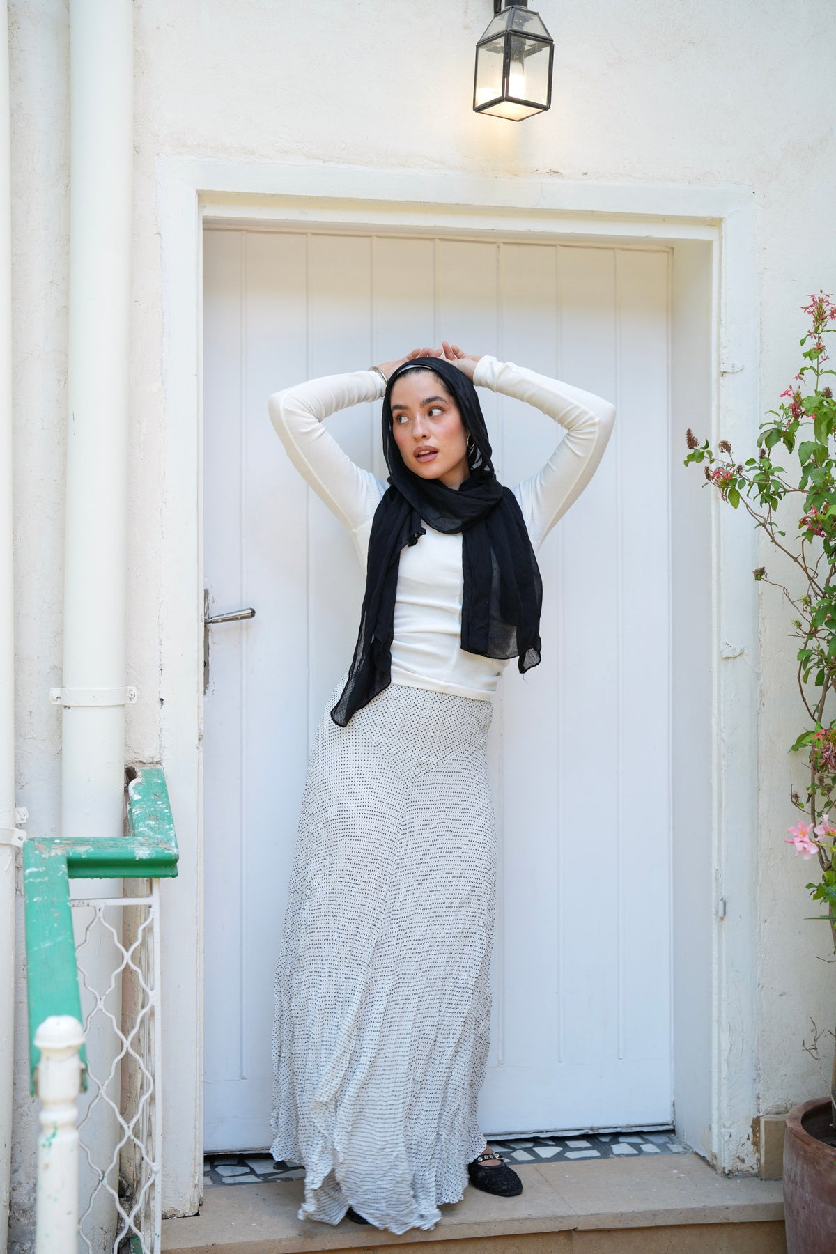 Lilia Crushed Skirt in Dotted Black x White