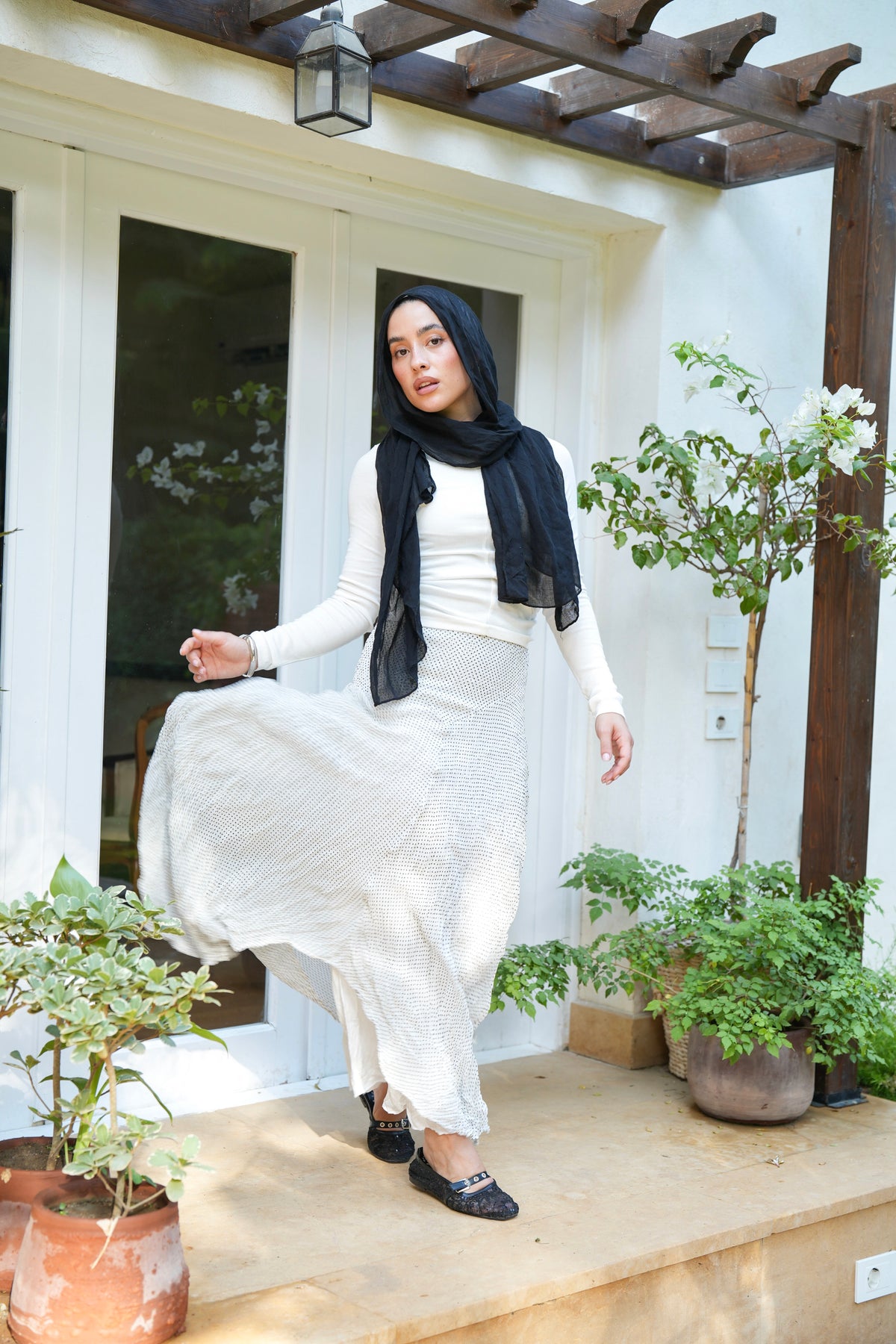 Lilia Crushed Skirt in Dotted Black x White