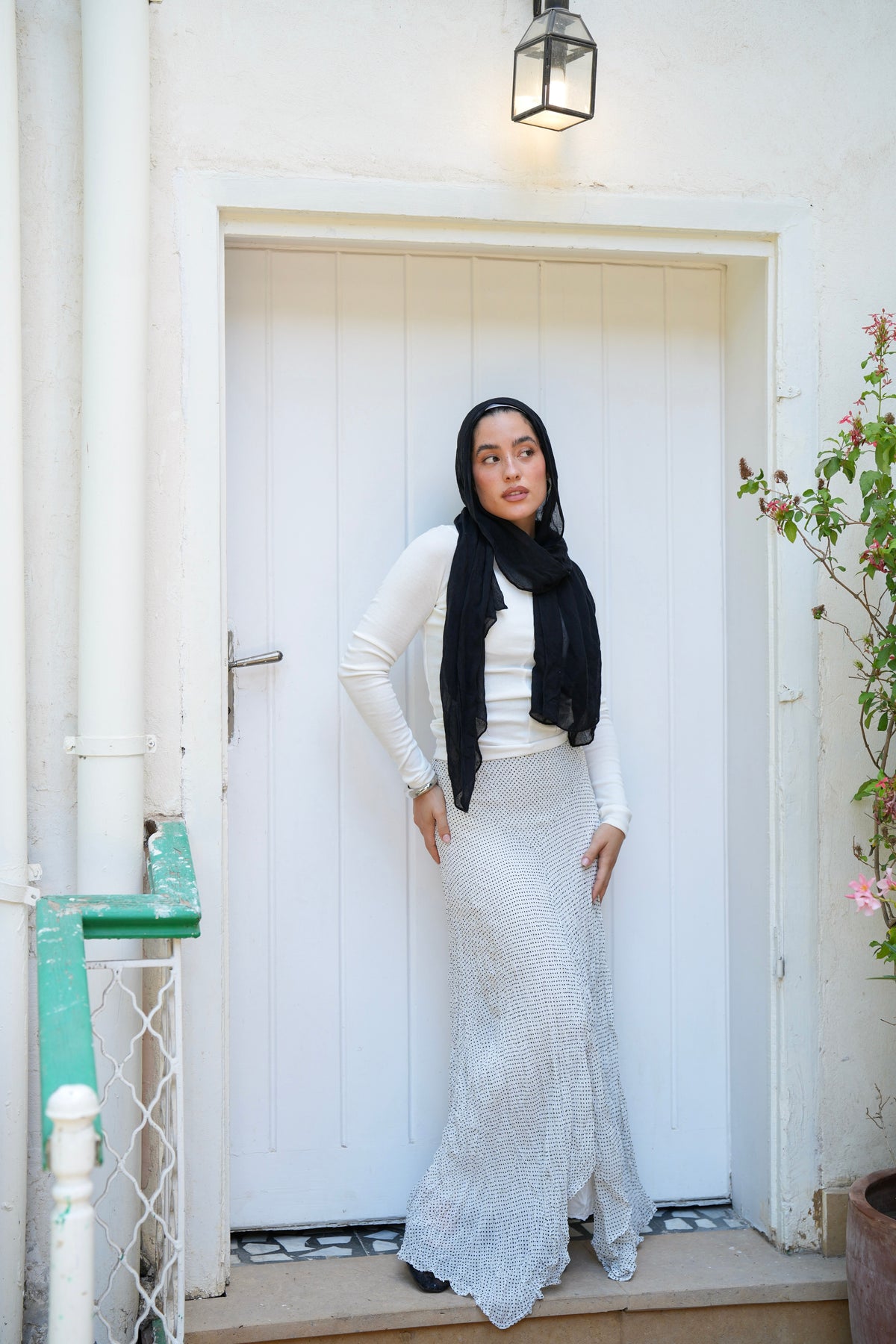 Lilia Crushed Skirt in Dotted Black x White