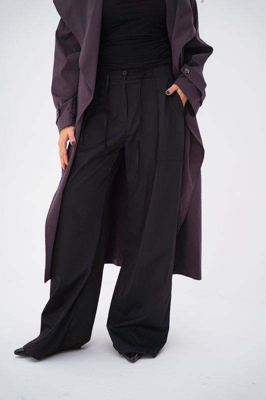 Self-Belt Gabardine Pants in Black