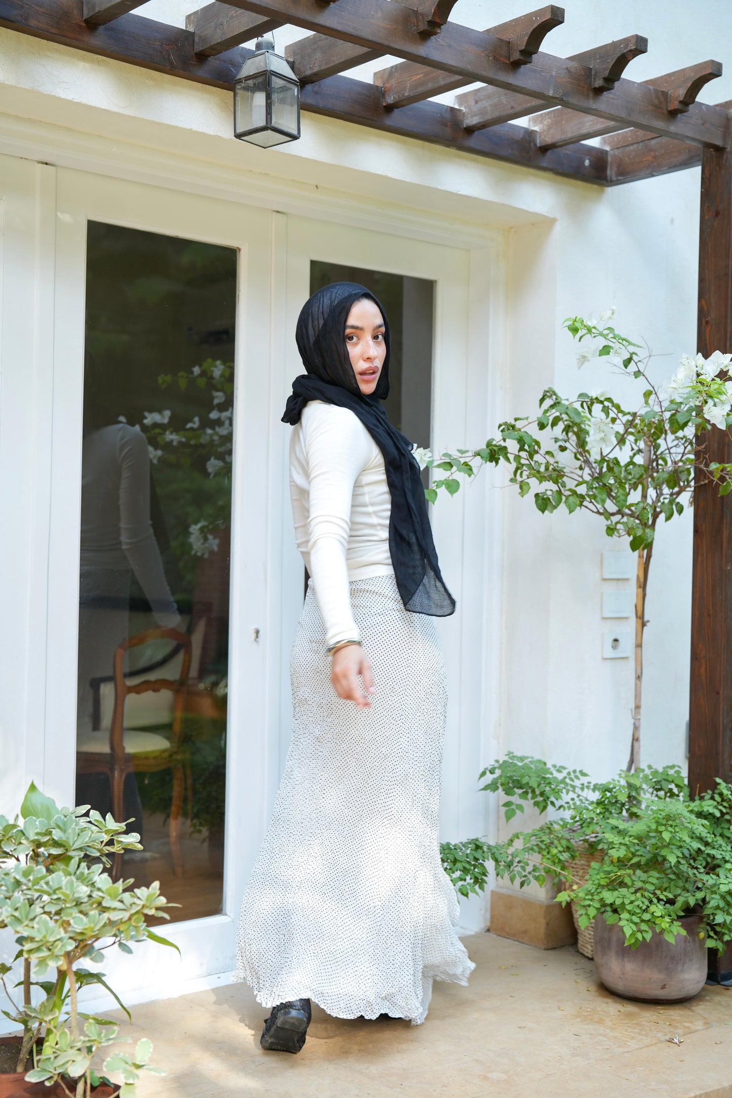 Lilia Crushed Skirt in Dotted Black x White