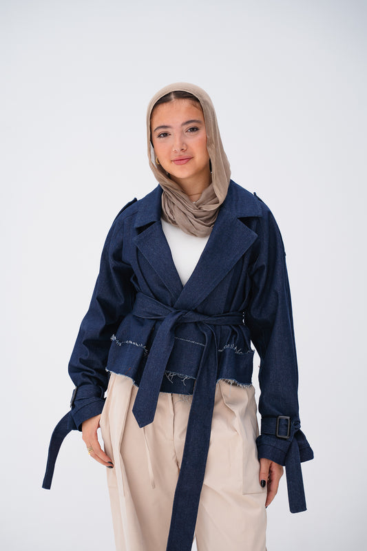Cropped Trench Coat in Denim
