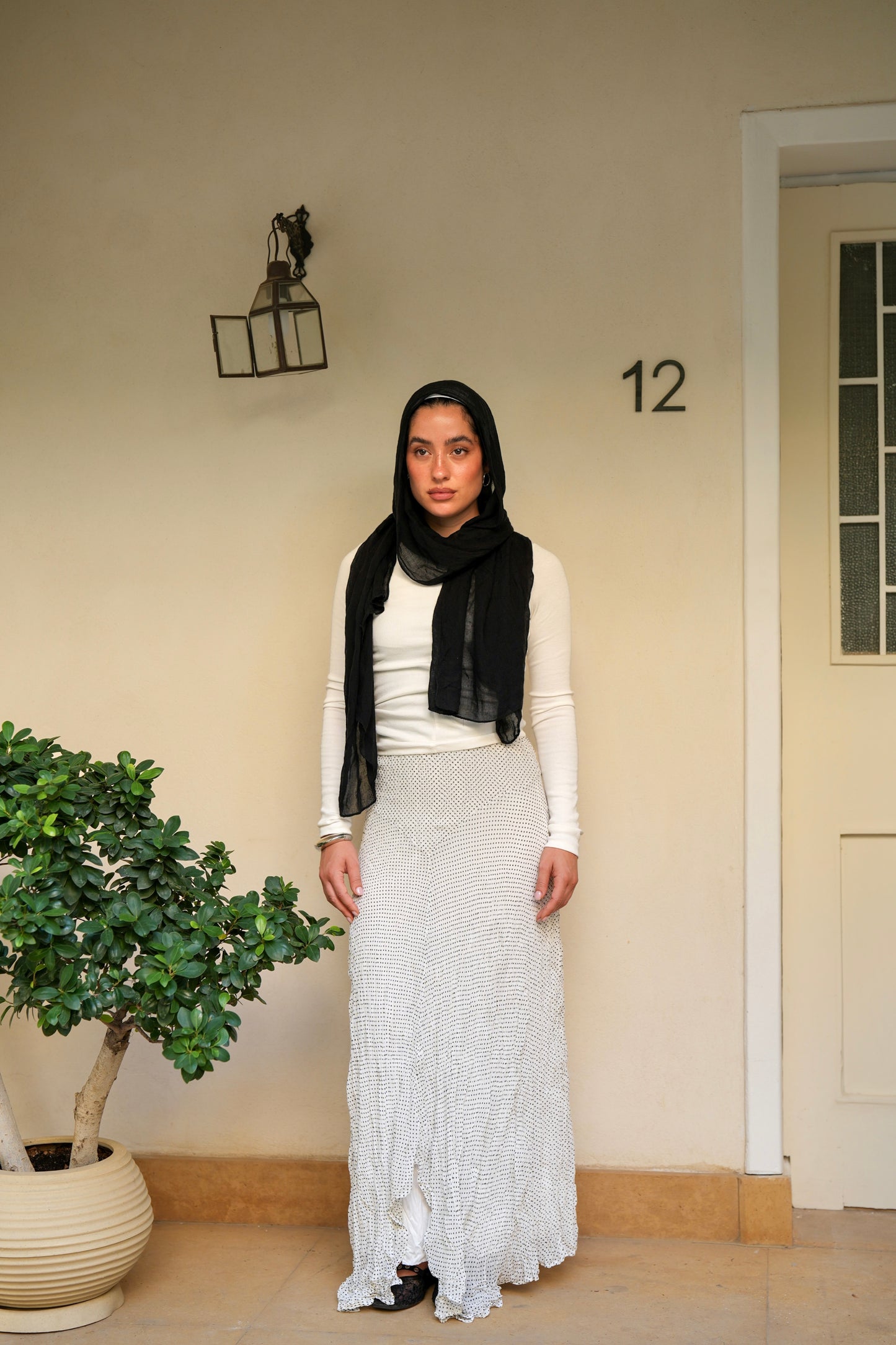 Lilia Crushed Skirt in Dotted Black x White