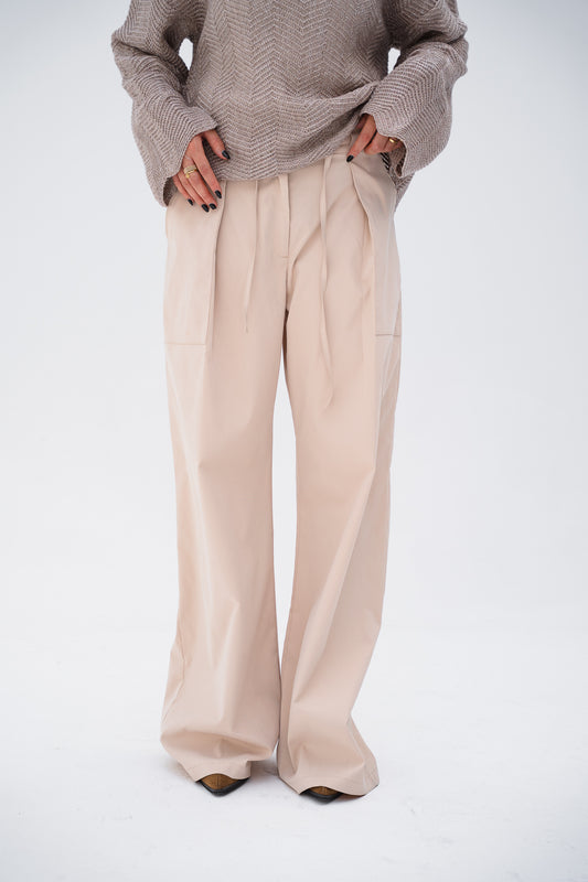 Self-Belt Gabardine Pants in Beige