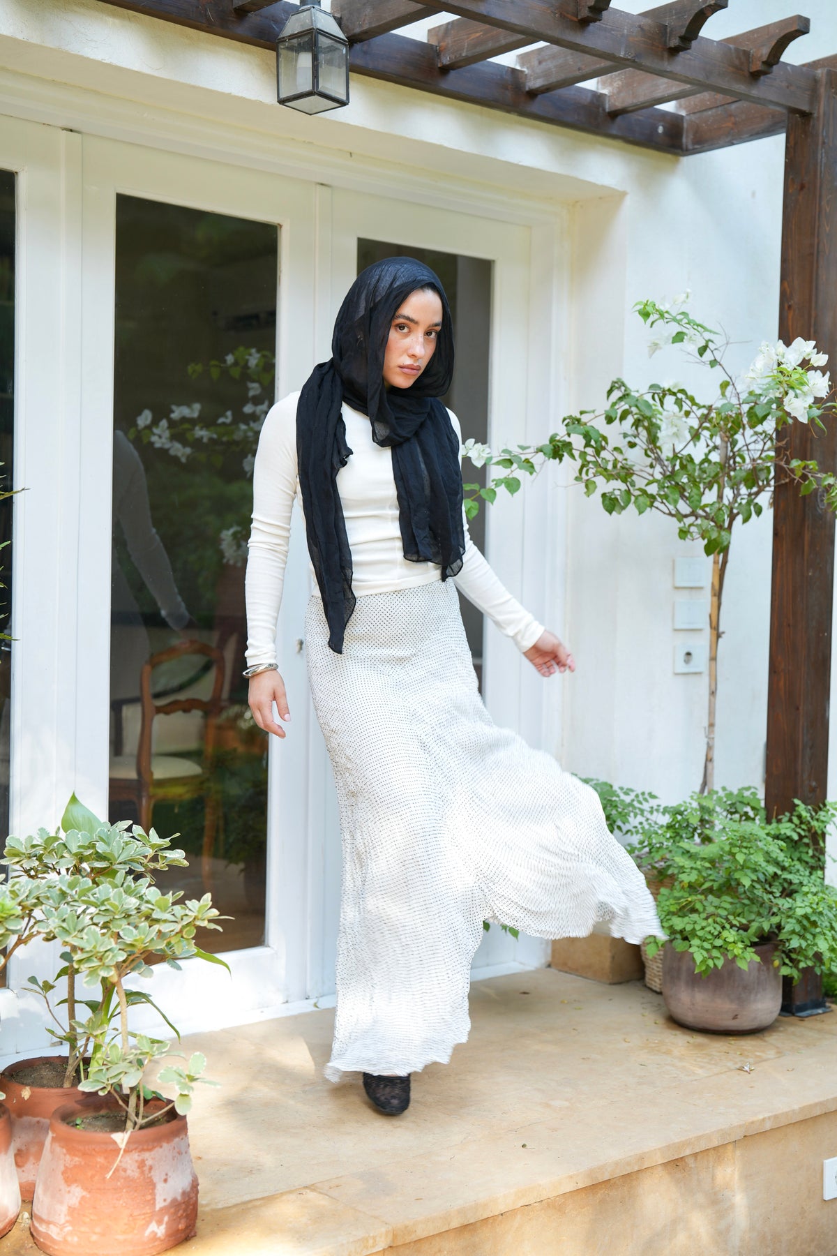 Lilia Crushed Skirt in Dotted Black x White